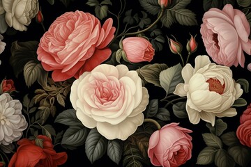 Illustration of black background with Victorian era floral print showcasing vintage English roses. Generative AI