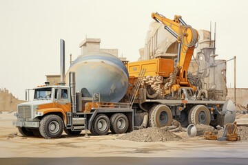 Painted illustrations of construction machines including a mixer truck and a truck transporting concrete. Generative AI