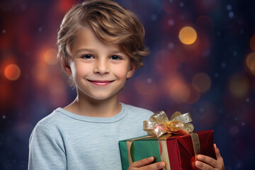 Fototapeta na wymiar A cheerful young boy grasping a present box adorned with an adorable ribbon during a Christmas festivity at his residence. Generative AI.