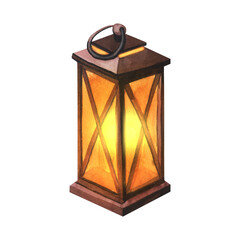 Watercolor vintage lamp lantern with candle, decor for home. Hand-drawn illustration isolated on white background. Perfect for card or template celebration day, cozy home design.