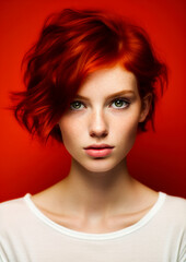 Fototapeta premium Redhead woman on conceptual red background for frame