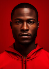Obraz premium Black man in red clothes on a conceptual red background for frame