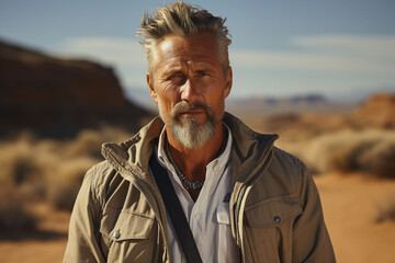 Handsome man 50 years old in bohemian style clothes traveling in the desert on a sunny day. Copy...