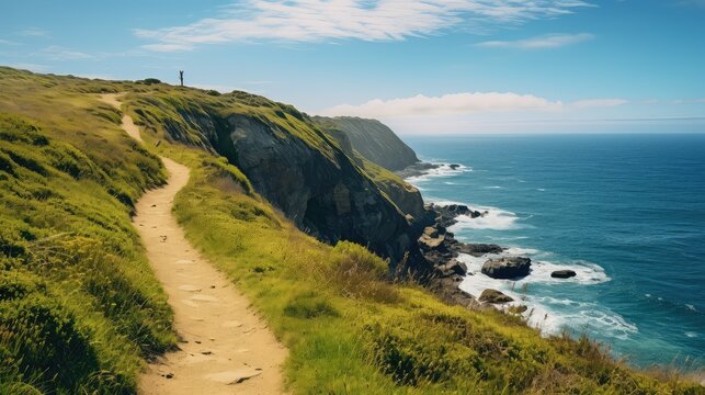 sea clifftop hiking trails illustration tourism coast, blue spain, oviedo covadonga sea clifftop hiking trails