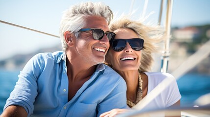 Senior couple sailing luxury yacht during their active retirement, Plan life insurance of happy retirement. - obrazy, fototapety, plakaty