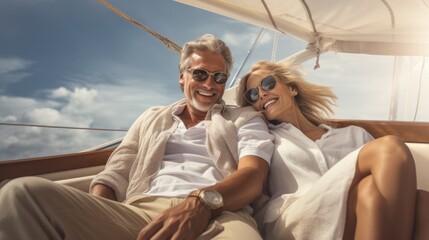 Senior couple sailing luxury yacht during their active retirement, Plan life insurance of happy retirement.