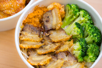Pork meat bowl in take away box