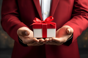 hands of a man bringing red gift box