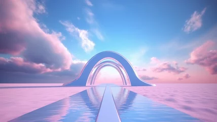 Selbstklebende Fototapete Lila 3d render Abstract aesthetic background. Surreal fantasy landscape. Water, pink desert, neon linear arch and chrome metallic gate under the blue sky with white clouds. Generative AI image weber.