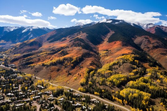aerial timelapse of autumn foliage in Aspen, Colorado. Generative AI