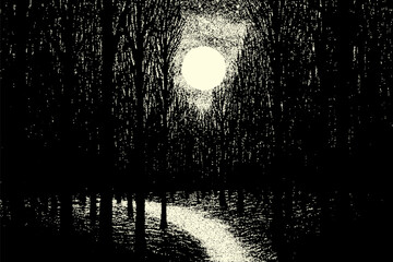 Dark forest landscape with full moon in retro dotwork style. Mysterious night landscape in vintage style. © swillklitch