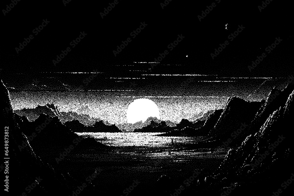 Poster Alien planet landscape in retro dotwork style. Planets and satellites over unknown planet in space. Sci-fi world landscape beyond our galaxy.