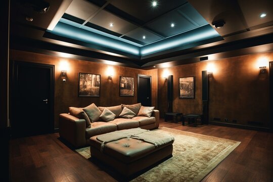 Interior of a cinema-like room designed for home entertainment. Generative AI