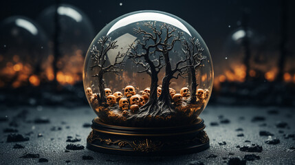 Halloween Snow Globe with Creepy Tree, Skull, and Haunted Town in the Display Under a Glass Dome - Unique Halloween Themed Background with Copy Space