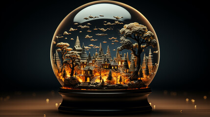 Halloween Snow Globe with Creepy Tree, Skull, and Haunted Town in the Display Under a Glass Dome - Unique Halloween Themed Background with Copy Space
