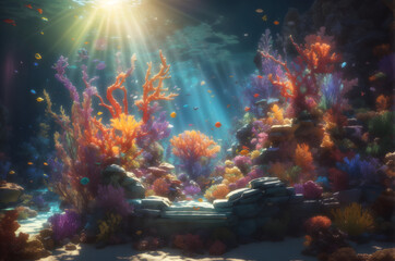 Obraz na płótnie Canvas Exquisite Underwater Coral Reef: A Ray-Traced Digital Masterpiece Revealing the Resilience of Marine Life in Vibrant Colors