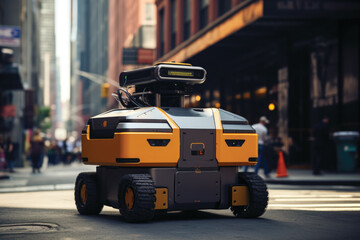 AGV (Automated guided vehicle) in New York city streets logistic and transport.