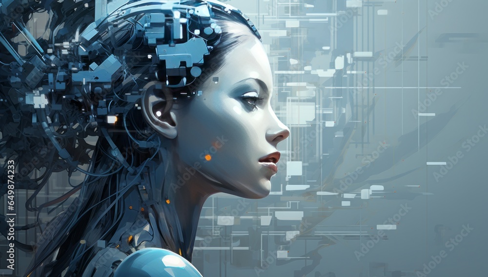 Poster a futuristic scene: a person contemplating technology while a robot woman engages in deep thought ab