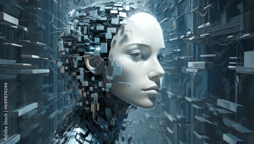 Poster a futuristic scene: a person contemplating technology while a robot woman engages in deep thought ab