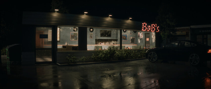 3D scene bar exterior, cafe, bar outdoors entrance outside at night, neon lights, cafe exterior, bar exterior  