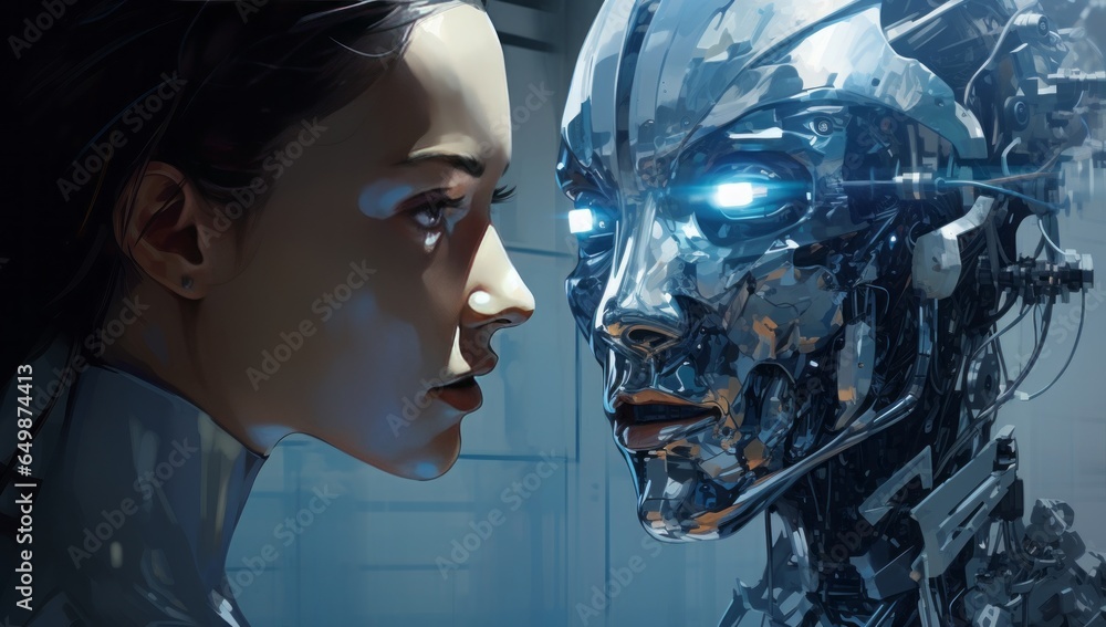 Poster a futuristic scene: a person contemplating technology while a robot woman engages in deep thought ab