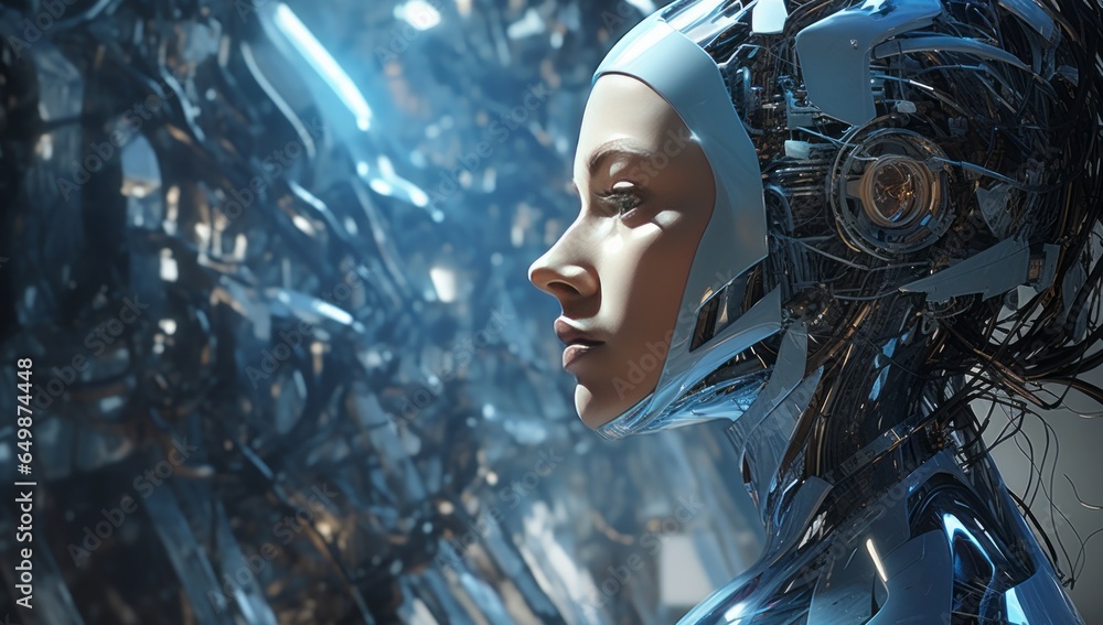 Poster a futuristic scene: a person contemplating technology while a robot woman engages in deep thought ab
