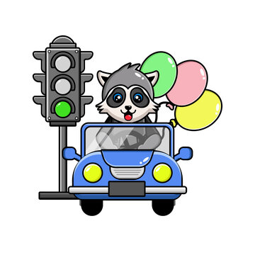 Cute raccoon riding car with balloon
