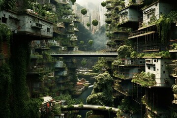 Imaginative, urban jungle showcasing future city living. Generative AI
