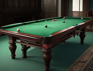 3d rendering of a billiard table with a cue and balls
