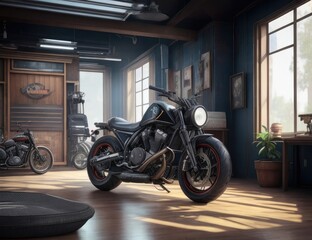 3d rendering of a classic motorcycle in the interior of a room