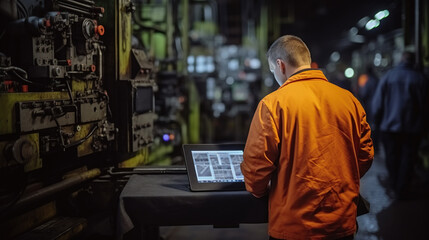 Fototapeta na wymiar Industrial Analysis: Factory Engineer Analyzing Machinery Maintenance Data, Generative AI