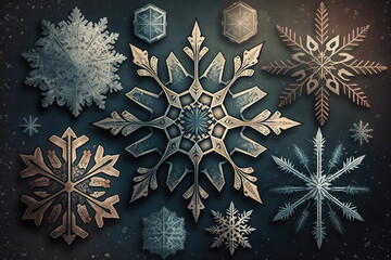 Snowflakes seamless pattern on a dark blue background. Winter themed wallpaper with 3d design. 