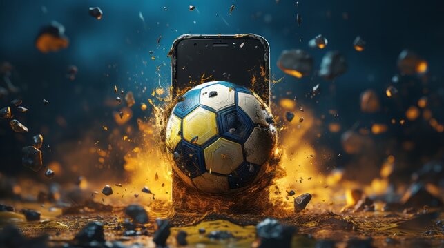 Phone with a soccer ball popping out of its screen