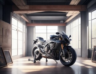 Modern motorcycle in loft interior. 3D Rendering and Illustration
