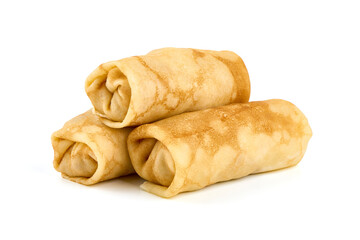Stuffed pancakes rolls, crepes with filling, isolated on white background.