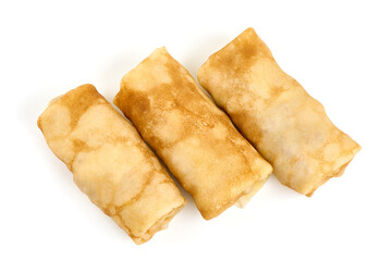 Stuffed pancakes, crepes with filling, isolated on white background.