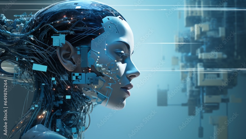 Poster a futuristic scene: a person contemplating technology while a robot woman engages in deep thought ab