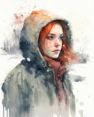 Watercolor portrait of a young girl with red hair during winter, covering herself with a hooded coat