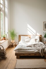 Fototapeta premium White bedroom with a wooden bed and a window at the bottom, in the style of muted color palette. Generative AI