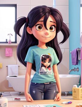 Girl in the bathroom. 3d render. T-shirt.