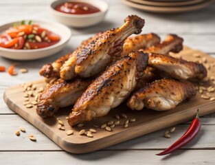 a plate of chicken wings with ketchup and parsley Generative AI