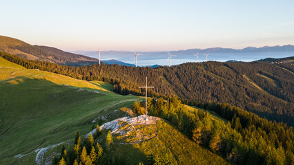 Aerial view of the mountain pasture Stubalpe as part of the Lipizzanerheimat tourist region in Styria, Austria