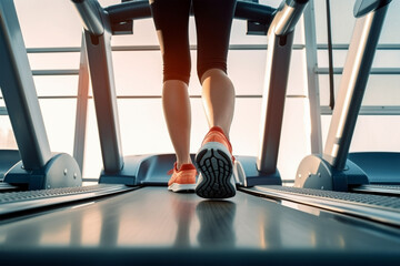 Back view of women's feet and legs running on treadmill in fitness studio - obrazy, fototapety, plakaty