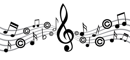 Copyright or C letter. Right of first publication. Copy right symbol. Musical note, element, staff pattern. Vector key wave. Sound symbol. concept of legal education. Pad lock privacy logo. Music wave