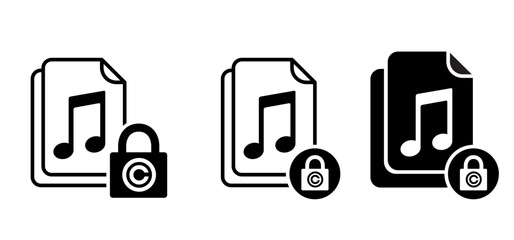 Copyright or C letter. Right of first publication. Copy right symbol. Musical note, element, staff pattern. Vector key wave. Sound symbol. concept of legal education. Pad lock privacy logo. Music wave