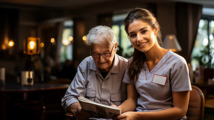 A nurse, who is also acting as a carer, is reading the newspaper with a pensioner in the retirement home. - obrazy, fototapety, plakaty