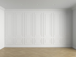 3d render of white interior with panels on wall and wood on floor illustration - 649877841