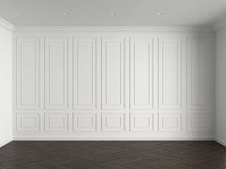 3d render of white interior with panels on wall and wood on floor illustration - 649878052