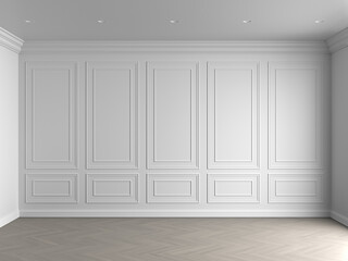 3d render of white interior with panels on wall and light wood on floor illustration - 649878473