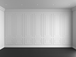 3d render of white interior with panels on wall and dark wood on floor illustration - 649878622